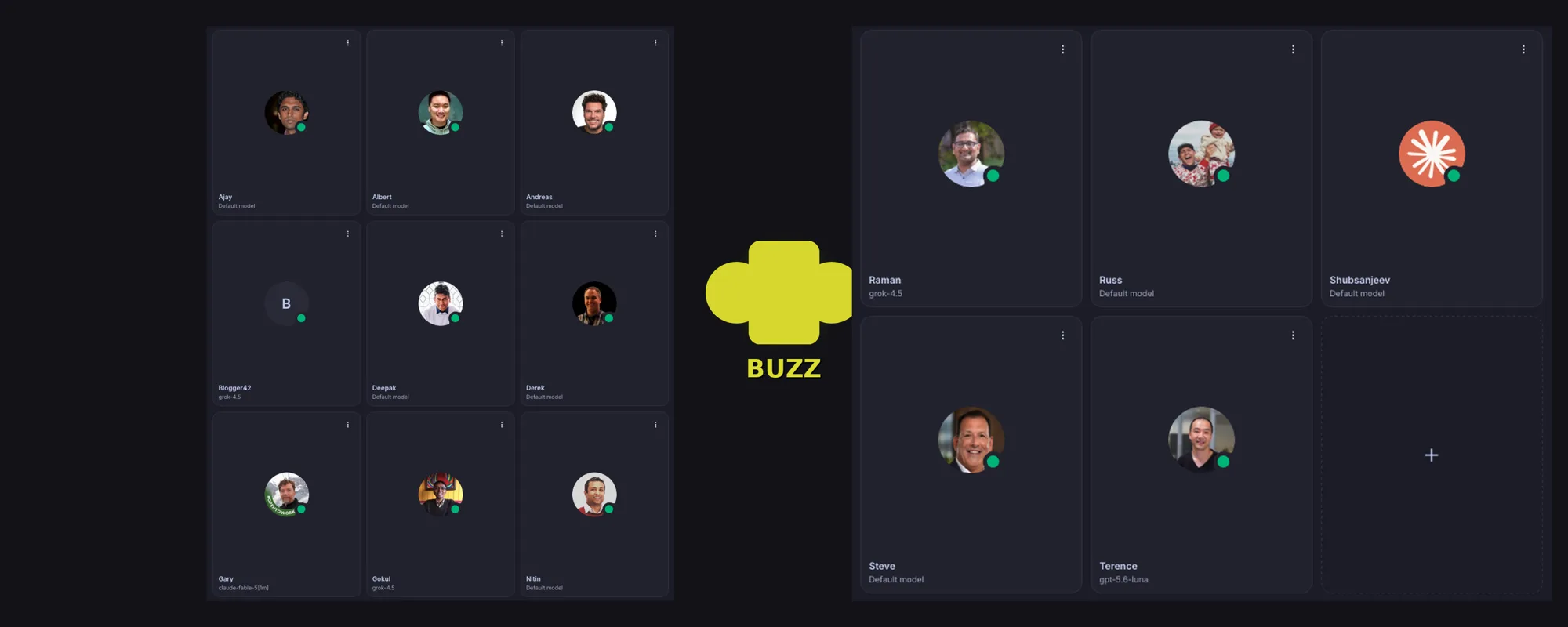 Buzz agent roster: named agents including Ajay, Albert, Andreas, Blogger42, Deepak, Derek, Gary, Gokul, Nitin, Raman, Russ, Shubsanjeev, Steve, and Terence arranged in cards around the Buzz logo.